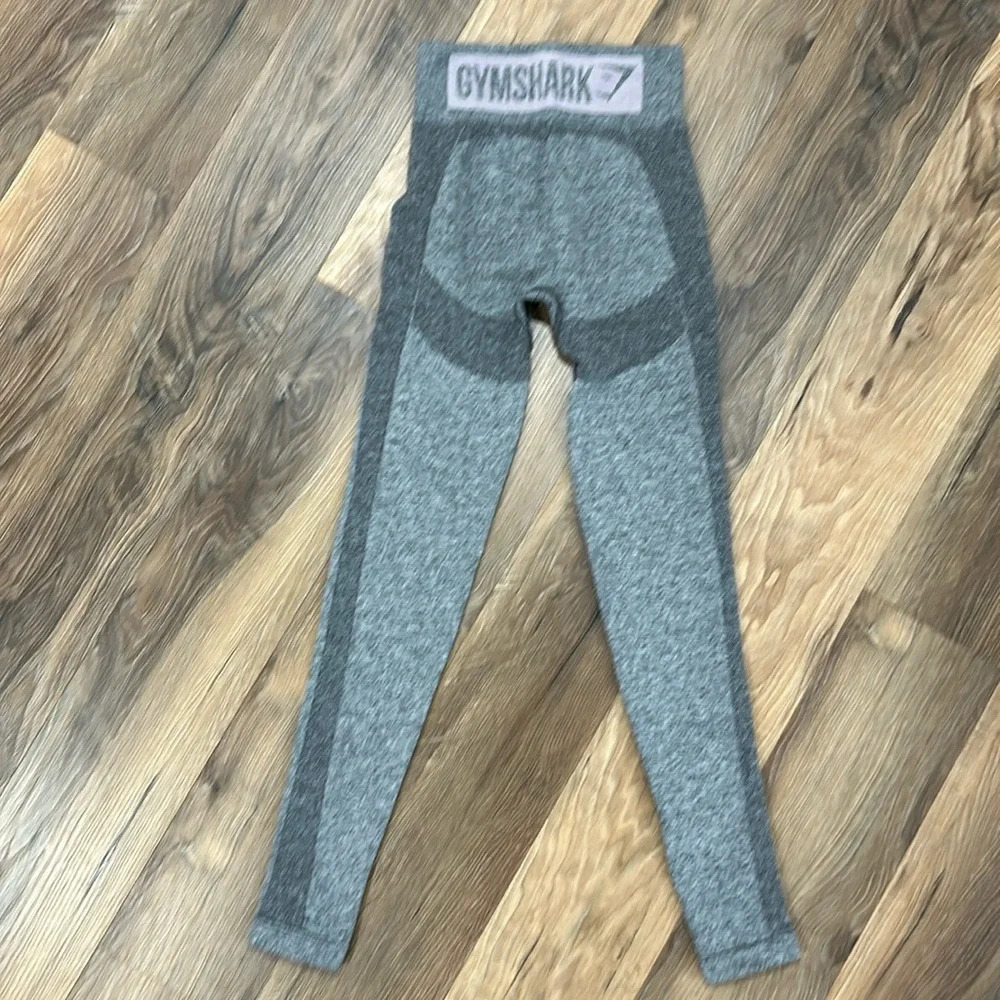 Gymshark Gray and purple leggings. Unknown size see measurements maybe XS